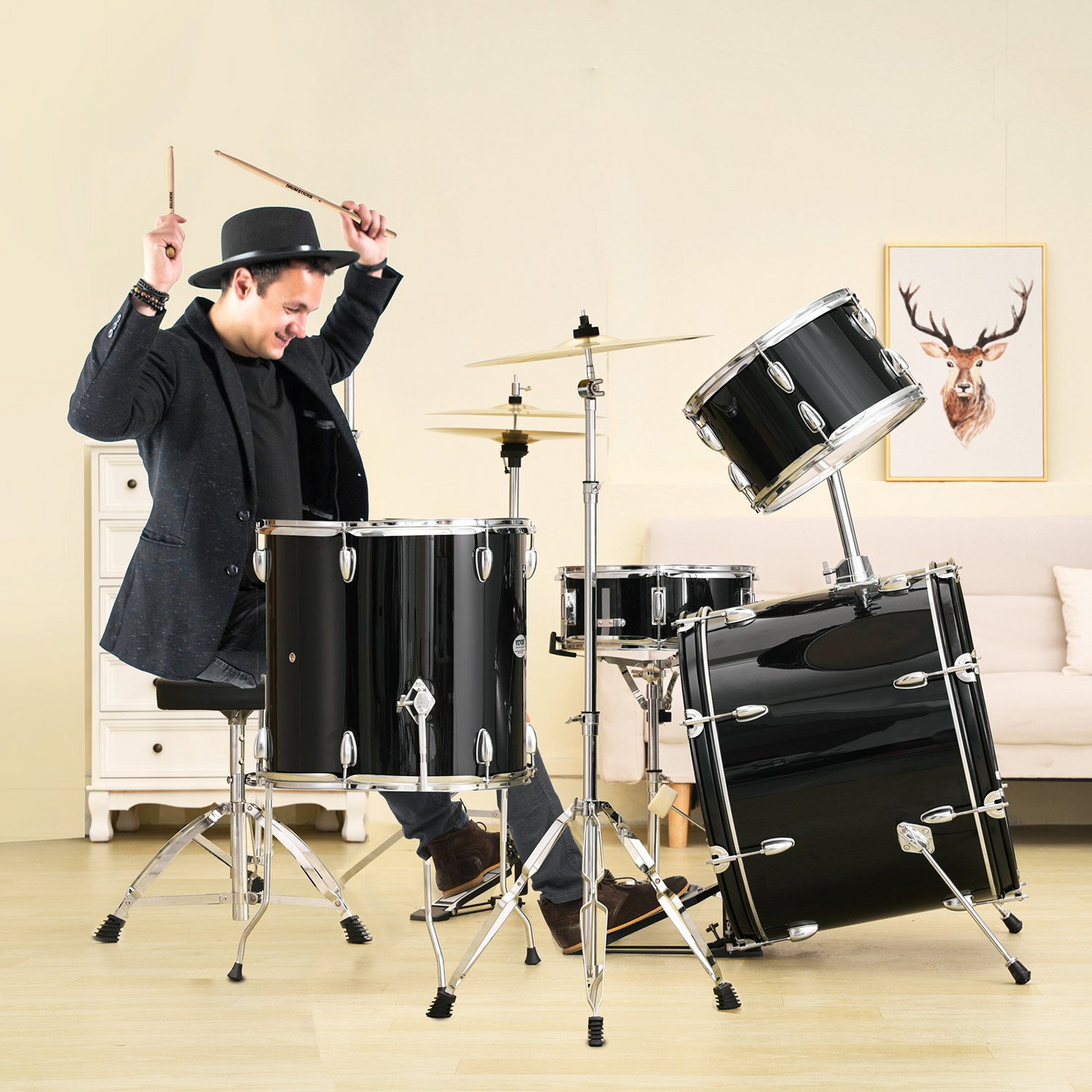 Start2Finish VEVOR 5-piece adult drum set with bass, snare, toms, hi-hat, stands, cymbals, drumsticks, black, full-size beginner kit.