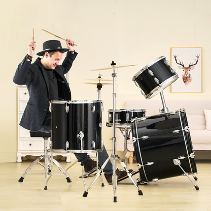 Start2Finish VEVOR 5-piece adult drum set with bass, snare, toms, hi-hat, stands, cymbals, drumsticks, black, full-size beginner kit.