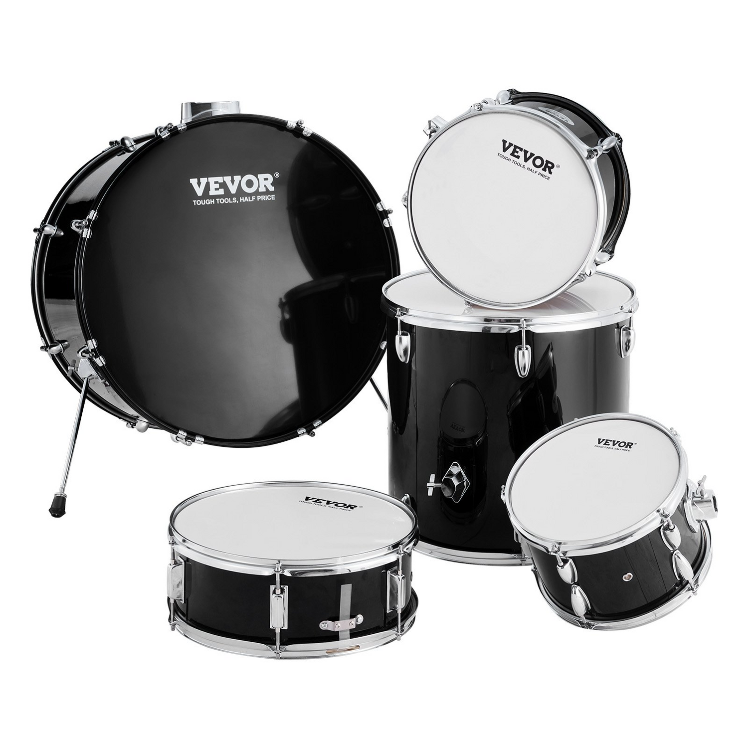 Start2Finish VEVOR adult 5-piece drum set with bass, snare, toms, cymbals, stands, and drumsticks in black, full-size beginner kit.
