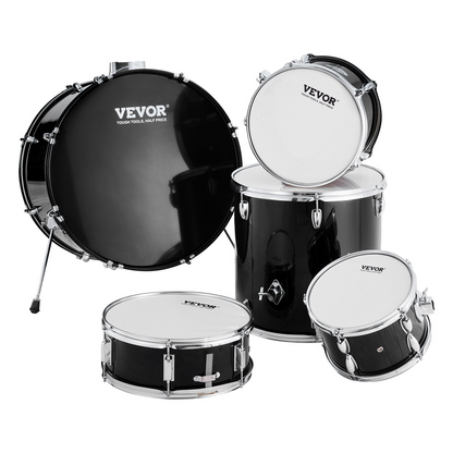 Start2Finish VEVOR adult 5-piece drum set with bass, snare, toms, cymbals, stands, and drumsticks in black, full-size beginner kit.