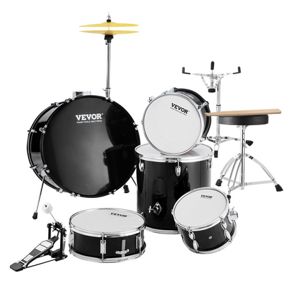 Start2Finish 5-piece adult drum set with bass, snare, toms, cymbals, stands, and drumsticks in black.