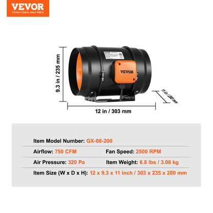 Start2Finish VEVOR 8-inch inline duct fan with variable speed controller, quiet AC motor for ventilation and cooling in grow tents.