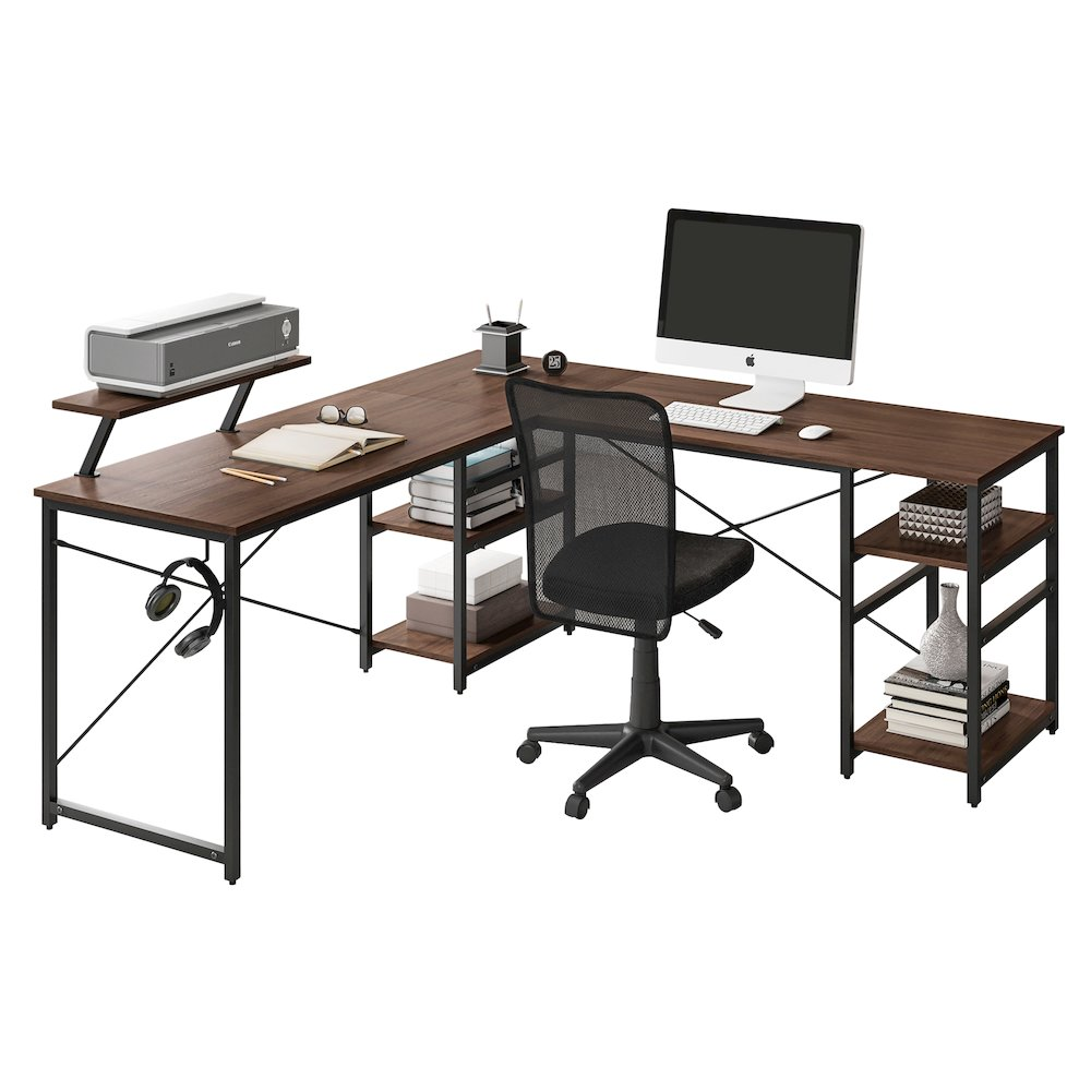Techni Mobili L-shape industrial desk with storage shelves in walnut finish, modern office furniture by Start2Finish