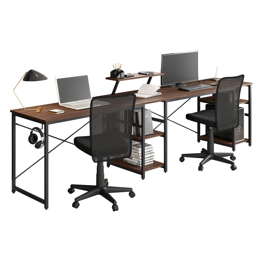 Techni Mobili L-shape industrial desk with walnut finish and integrated storage shelves, ideal for modern home or office workspace.