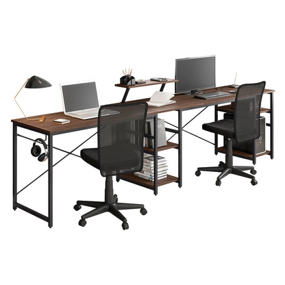 Techni Mobili L-shape industrial desk with walnut finish and integrated storage shelves, ideal for modern home or office workspace.