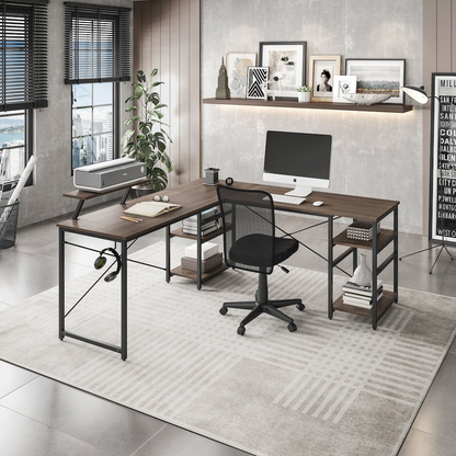 Techni Mobili Walnut L-shape industrial desk with storage shelves, ideal for home office or workspace organization.