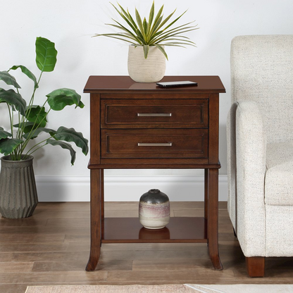 Start2Finish Sydney 2 Drawer Entryway Hall Table with Shelf showing wooden surface, drawers, and lower shelf for storage.