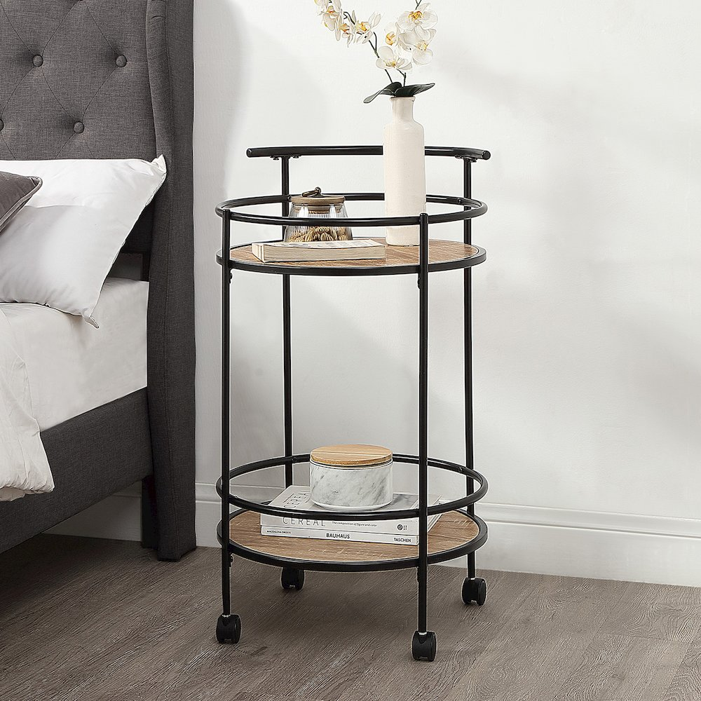 Start2Finish Designs2Go Charlie serving bar cart with wheels, metal frame, and wooden shelves for stylish beverage and bar storage.