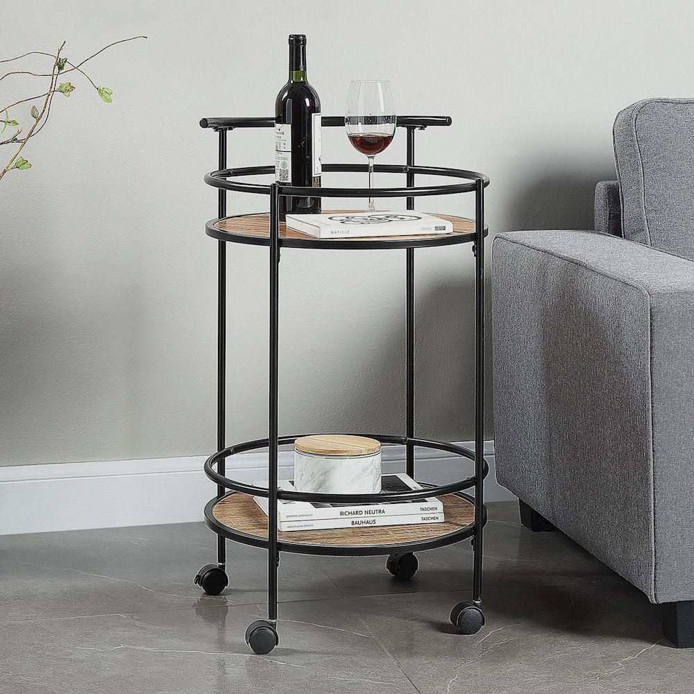 Start2Finish Designs2Go Charlie serving bar cart with metal frame and wooden shelves, perfect for entertaining and stylish storage.