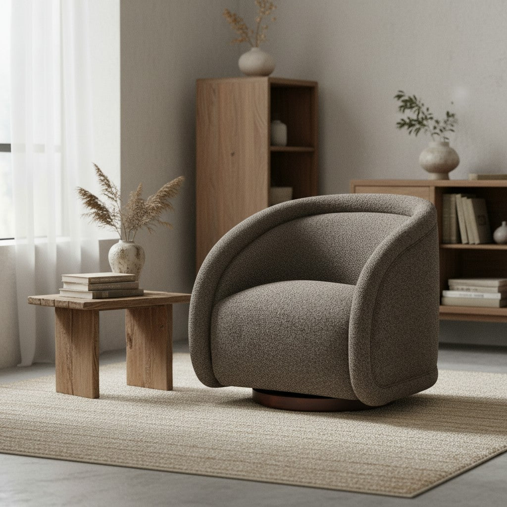 Start2Finish accent boucle chair with solid wood frame, in green, beige, and brown, featuring a swivel for living or dining rooms.