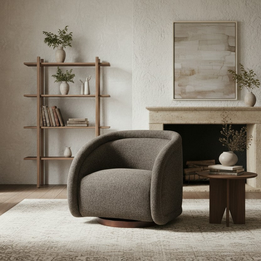 Start2Finish boucle accent chair with green, beige, and brown fabric, solid wood frame, and swivel function for living or dining rooms.