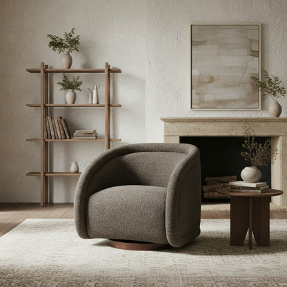 Start2Finish boucle accent chair with green, beige, and brown fabric, solid wood frame, and swivel function for living or dining rooms.