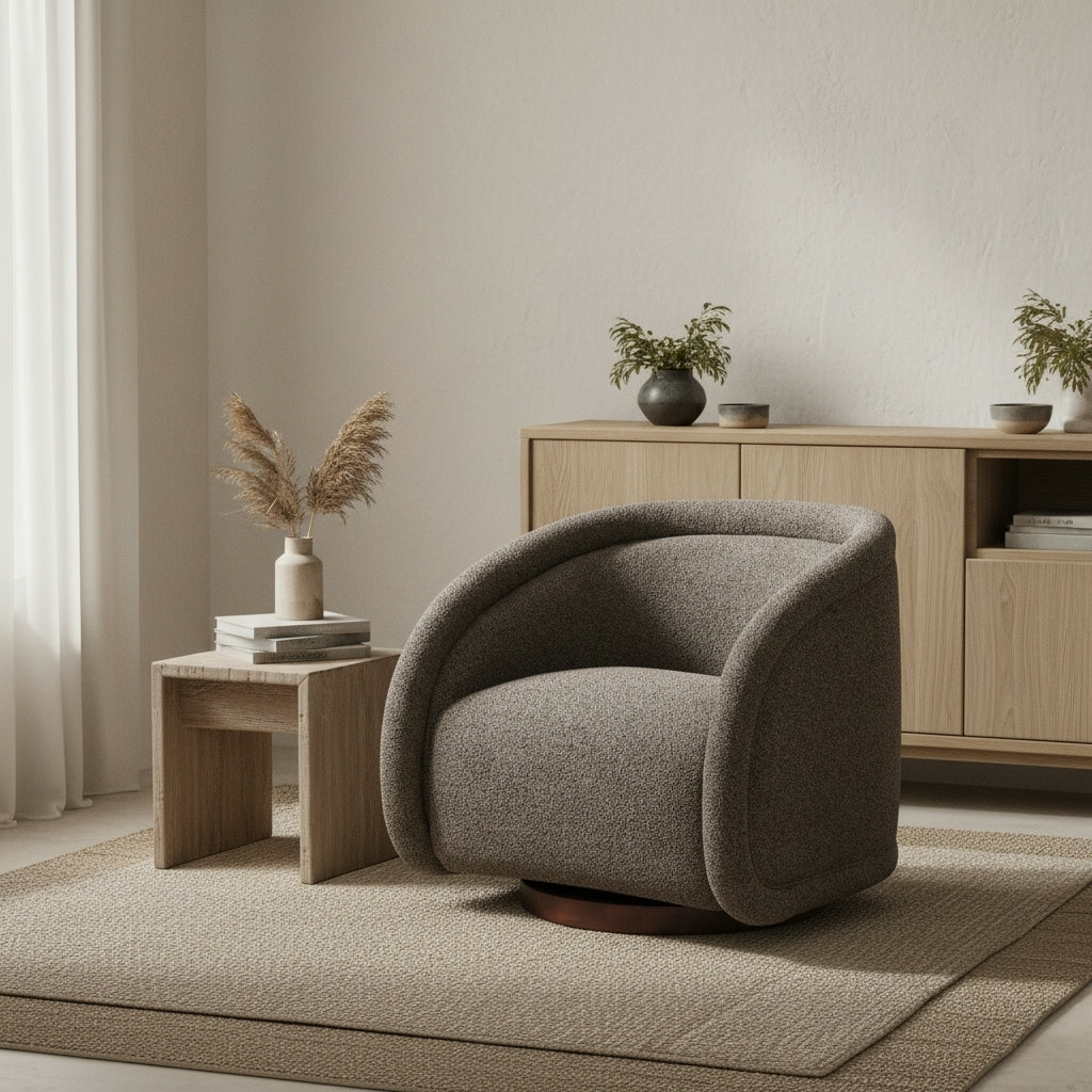 Start2Finish boucle accent chair with green solid wood frame, beige and brown upholstery, swivel base for living or dining room.
