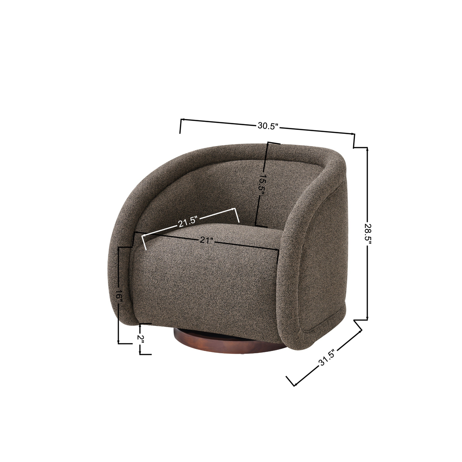 Start2Finish boucle accent chair with swivel, solid wood frame in green, walnut, beige, and brown for living or dining room.