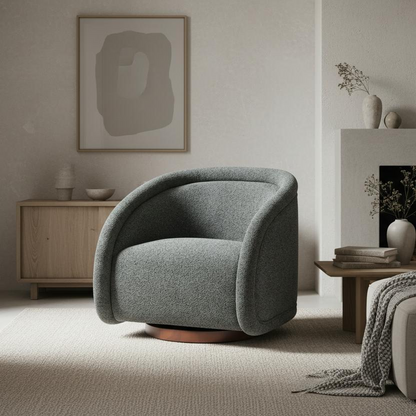 Start2Finish boucle accent chair with solid wood frame, green, beige, and brown upholstery, featuring swivel function for living or dining rooms.