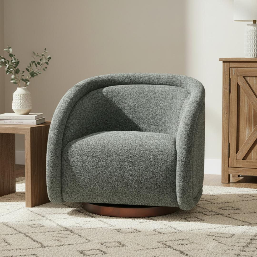 Start2Finish boucle accent chair with swivel, solid wood frame in green, walnut, beige, and brown for living or dining rooms.