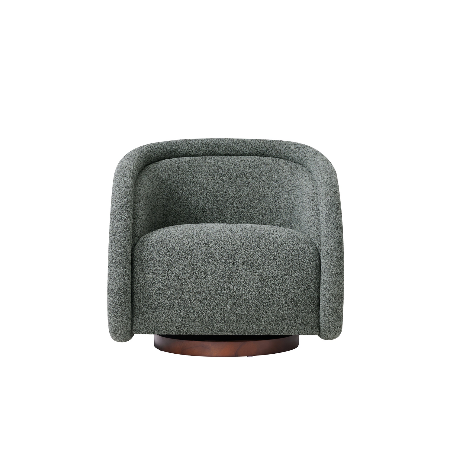 Start2Finish boucle accent chair with green and beige fabric, solid wood frame, brown finish, and swivel function for living or dining rooms.