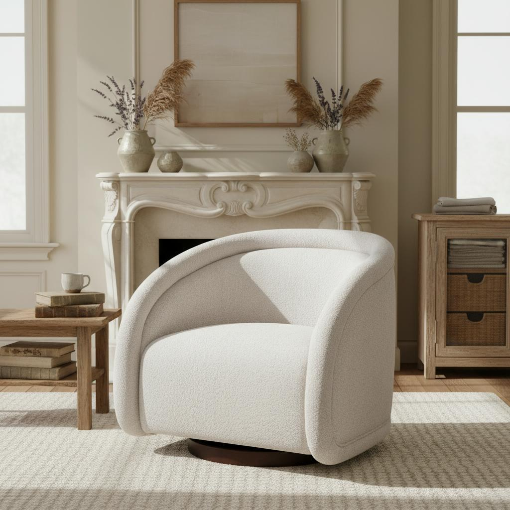 Start2Finish boucle accent chair with swivel, solid wood frame in green, beige, and brown, ideal for living or dining rooms