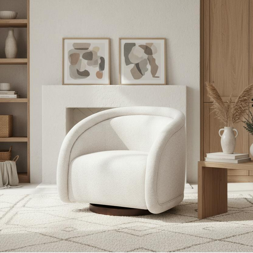 Start2Finish green boucle accent chair with solid wood frame, beige and brown upholstery, and swivel function for living or dining.