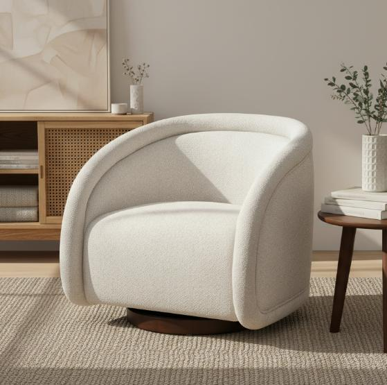 Start2Finish accent chair with boucle fabric, solid wood frame, green, beige, brown colors, swivel function for living or dining room