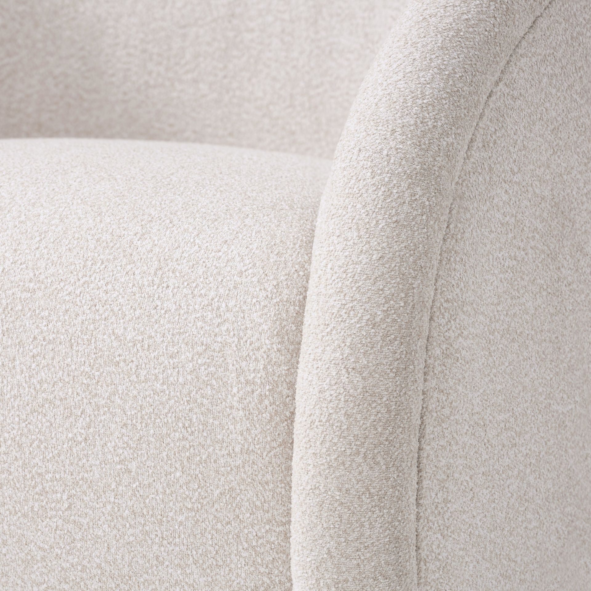 Start2Finish boucle accent chair with beige and brown fabric, solid wood green walnut finish, swivel base for living or dining room.
