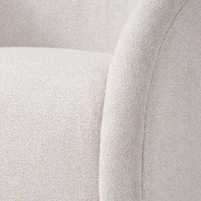 Start2Finish boucle accent chair with beige and brown fabric, solid wood green walnut finish, swivel base for living or dining room.