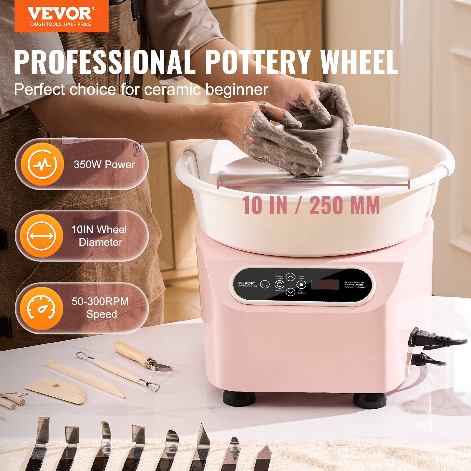 Start2Finish VEVOR 10-inch pottery wheel with foot pedal, LCD touch screen, 350W electric motor, pink ceramic shaping machine.