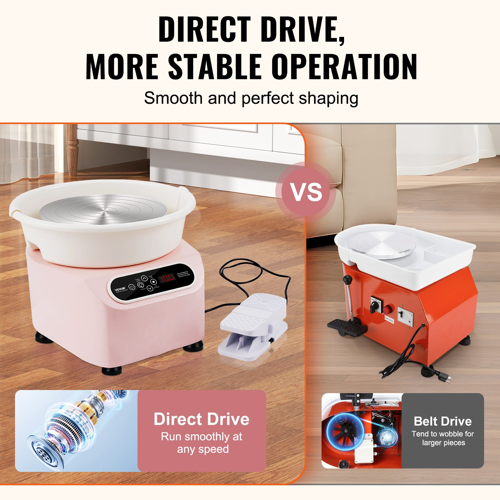 Pink VEVOR 10-inch electric pottery wheel with foot pedal, LCD touch screen, ceramic shaping tools, ideal for DIY art and craft projects.
