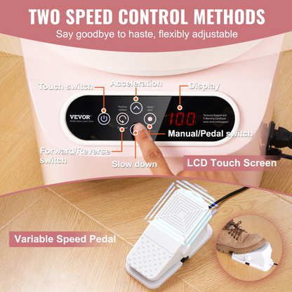 Pink VEVOR 10-inch pottery wheel with foot pedal, LCD touch screen, 350W electric ceramic wheel for DIY art and craft projects.