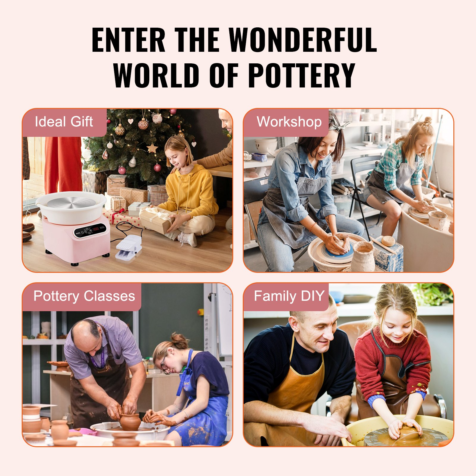 Pink VEVOR pottery wheel with LCD touch screen, foot pedal, 10-inch ceramic forming surface, electric motor, and shaping tools.