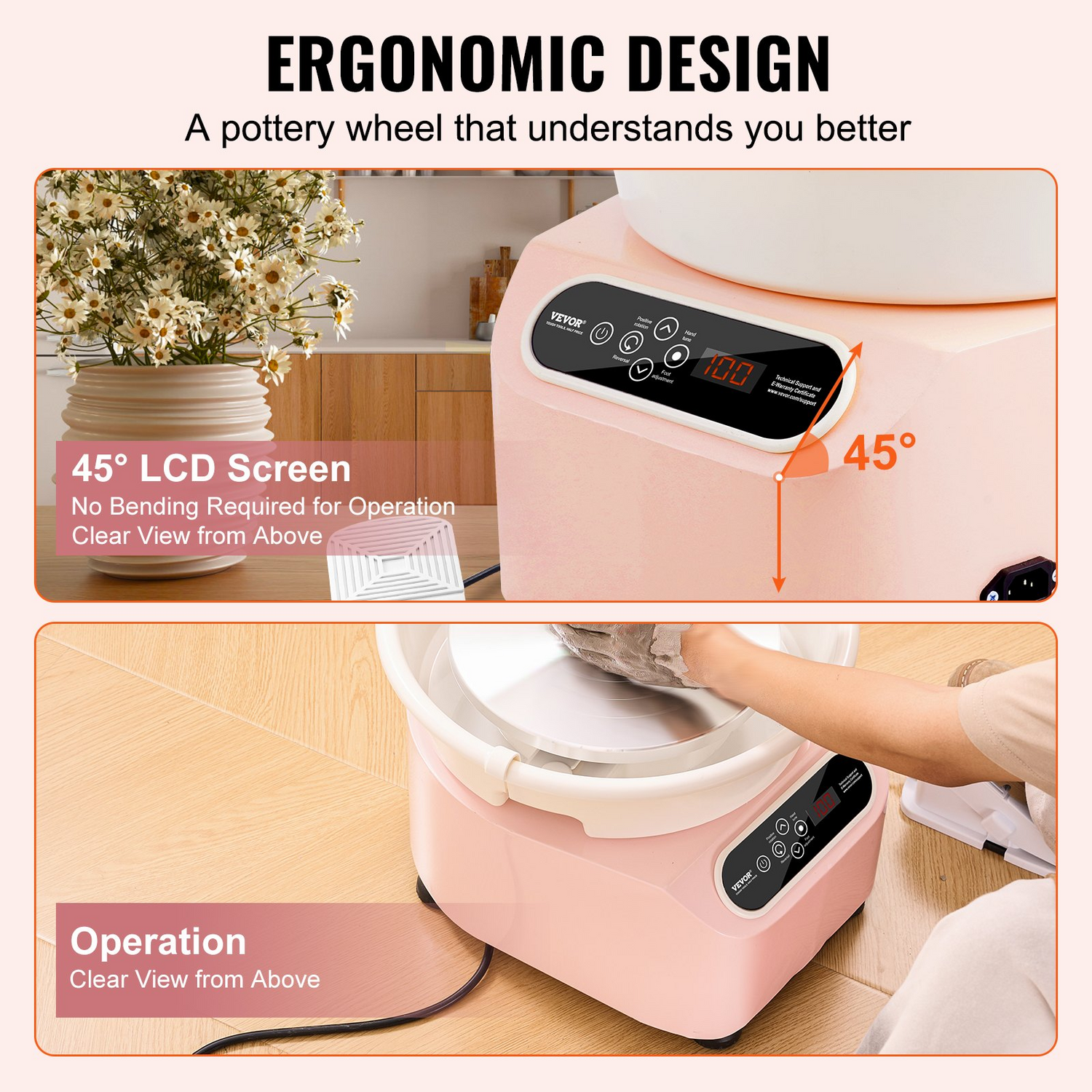 Start2Finish VEVOR 10-inch pottery wheel with LCD touch screen, foot pedal, shaping tools, and pink ceramic electric wheel for DIY art.