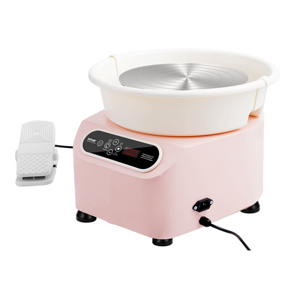 Pink VEVOR 10-inch pottery wheel with LCD touch screen, foot pedal, shaping tools, and 350W electric motor for DIY ceramic art.