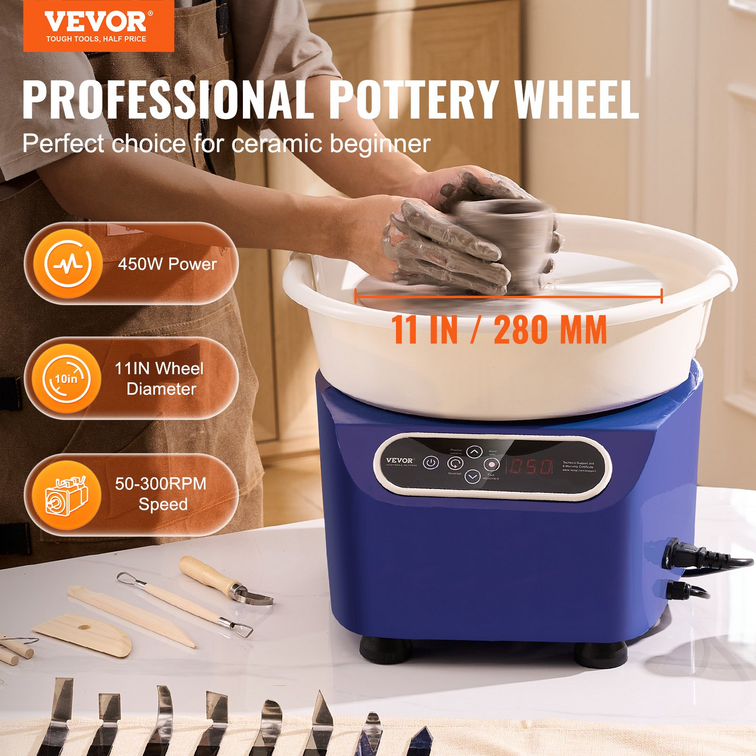 Blue VEVOR pottery wheel with 11-inch ceramic shaping surface, electric motor, foot pedal, LCD touch screen, and shaping tools.