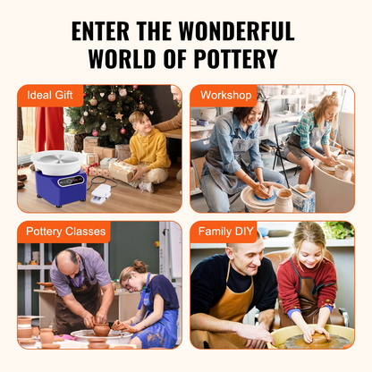 Start2Finish VEVOR pottery wheel with 11-inch ceramic wheel, foot pedal, LCD touch screen, and shaping tools for DIY art and craft.