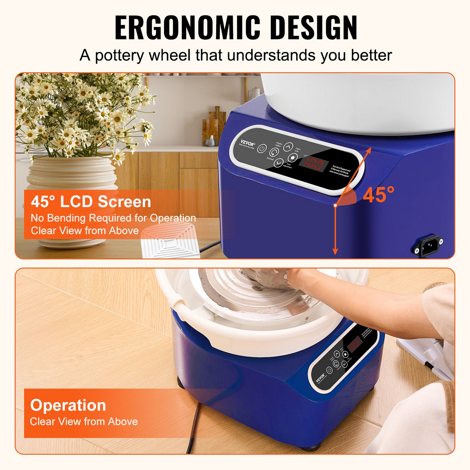 Blue VEVOR pottery wheel with LCD touch screen, foot pedal, shaping tools, 11-inch electric ceramic forming machine for DIY pottery art