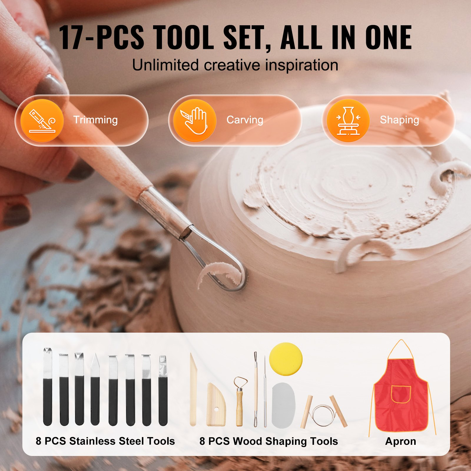 Blue VEVOR pottery wheel with 11-inch ceramic forming surface, LCD touch screen, foot pedal, and shaping tools for DIY pottery art.