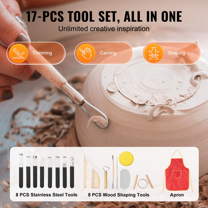 Blue VEVOR pottery wheel with 11-inch ceramic forming surface, LCD touch screen, foot pedal, and shaping tools for DIY pottery art.
