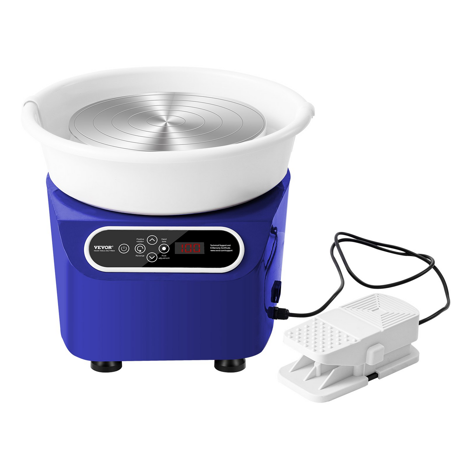 Blue VEVOR pottery wheel with 11-inch ceramic wheel, foot pedal, LCD touchscreen, shaping tools, and electric direct drive for DIY pottery.