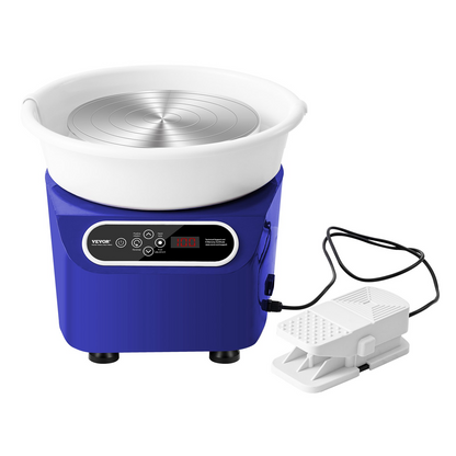 Blue VEVOR pottery wheel with 11-inch ceramic wheel, foot pedal, LCD touchscreen, shaping tools, and electric direct drive for DIY pottery.
