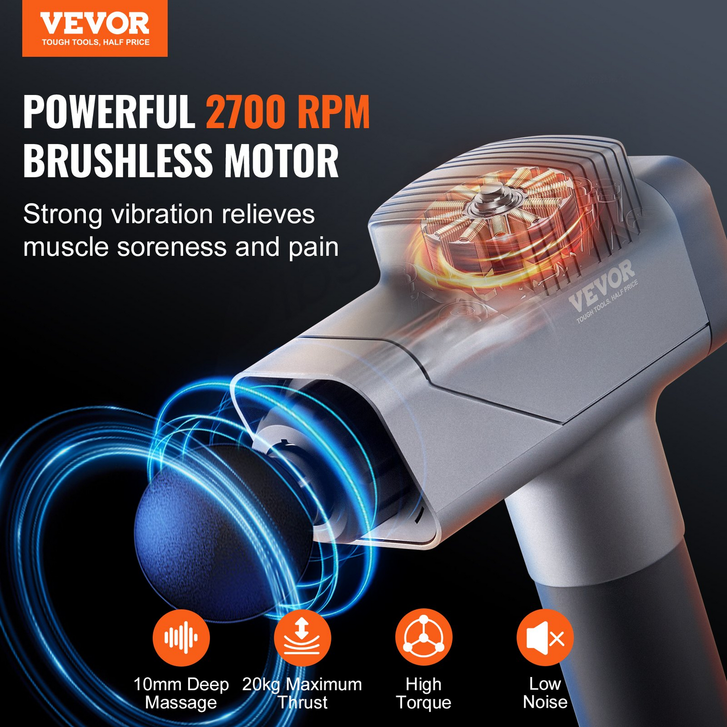 Start2Finish VEVOR massage gun with 8 speed levels, 6 massage heads, handheld design, for deep tissue muscle relief.