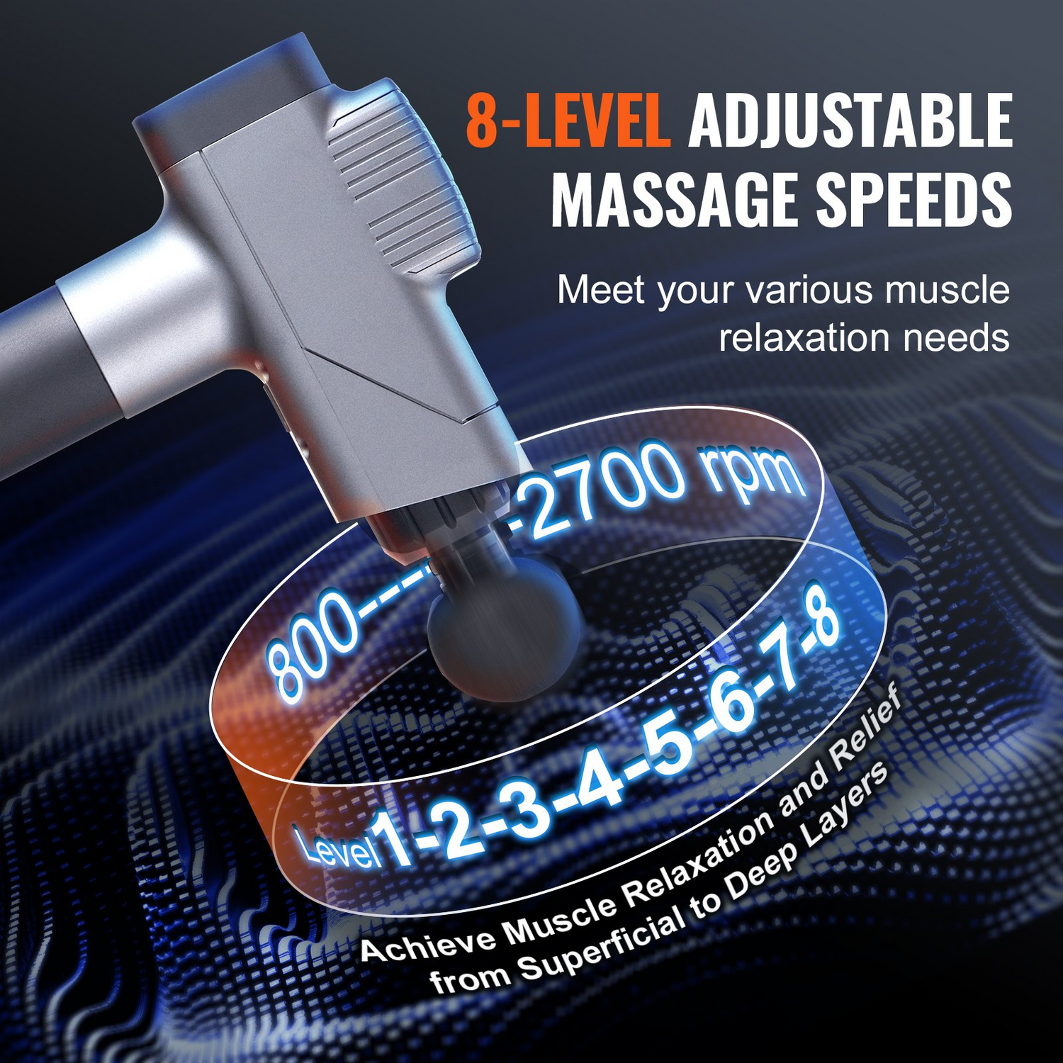 Start2Finish VEVOR massage gun with 8 speed levels, 6 massage heads, handheld deep tissue percussion muscle massager.