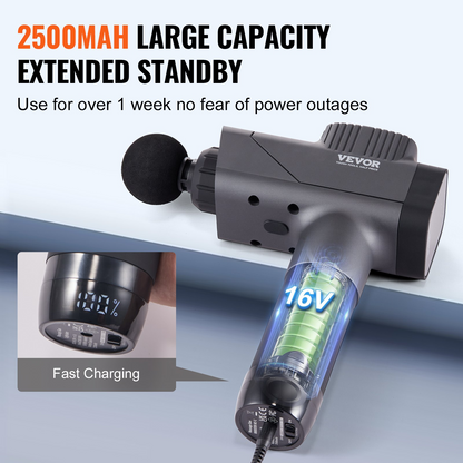 Start2Finish VEVOR massage gun with 8 speed levels, 6 massage heads, handheld percussion muscle massager for pain relief.