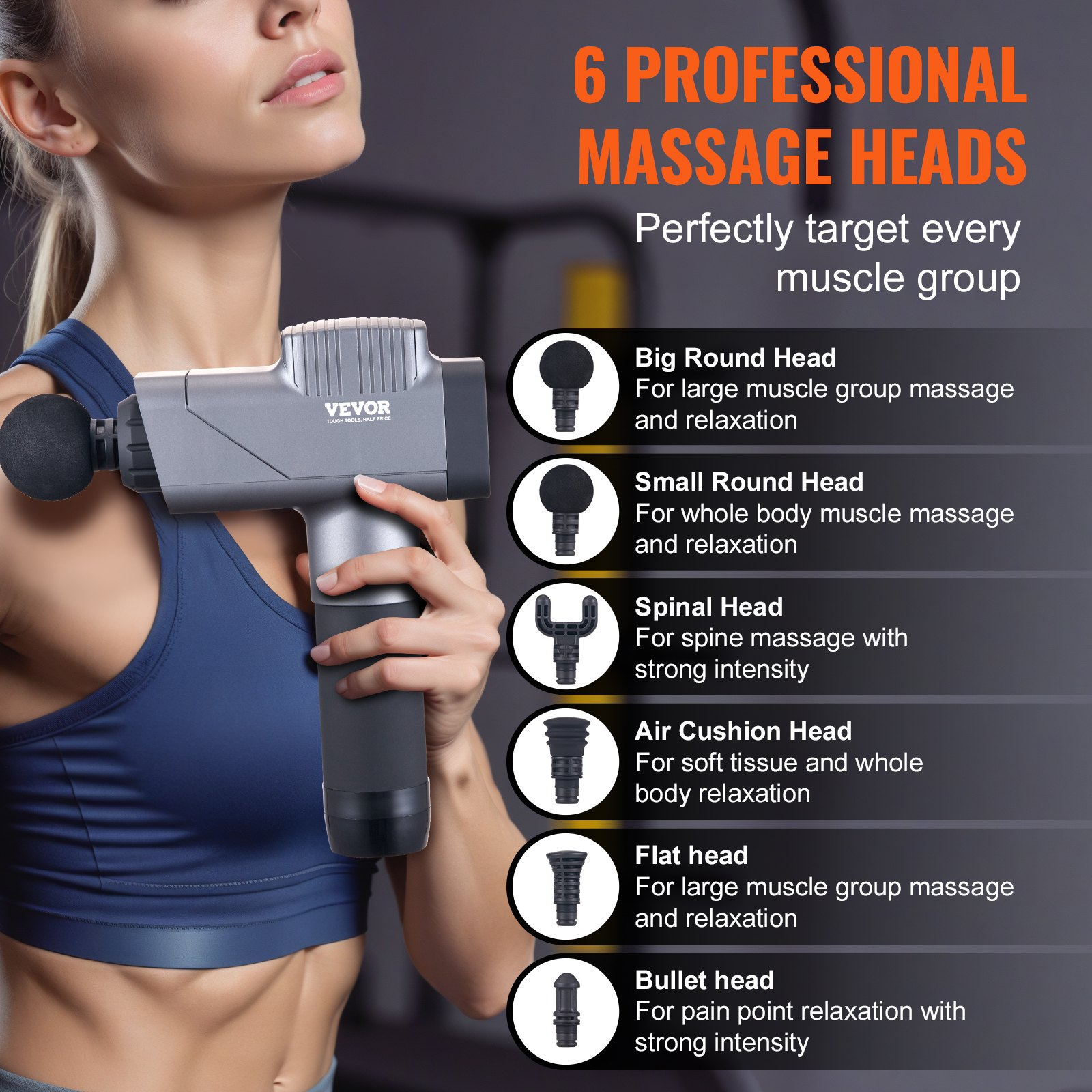 Start2Finish VEVOR massage gun with 8 speed levels, 6 massage heads, handheld design for deep tissue muscle relief and relaxation.