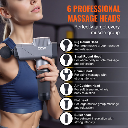 Start2Finish VEVOR massage gun with 8 speed levels, 6 massage heads, handheld design for deep tissue muscle relief and relaxation.