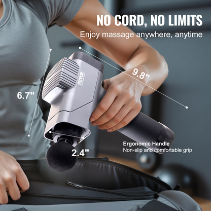 Start2Finish VEVOR massage gun with 8 speed levels and 6 massage heads for deep tissue muscle relief and relaxation.