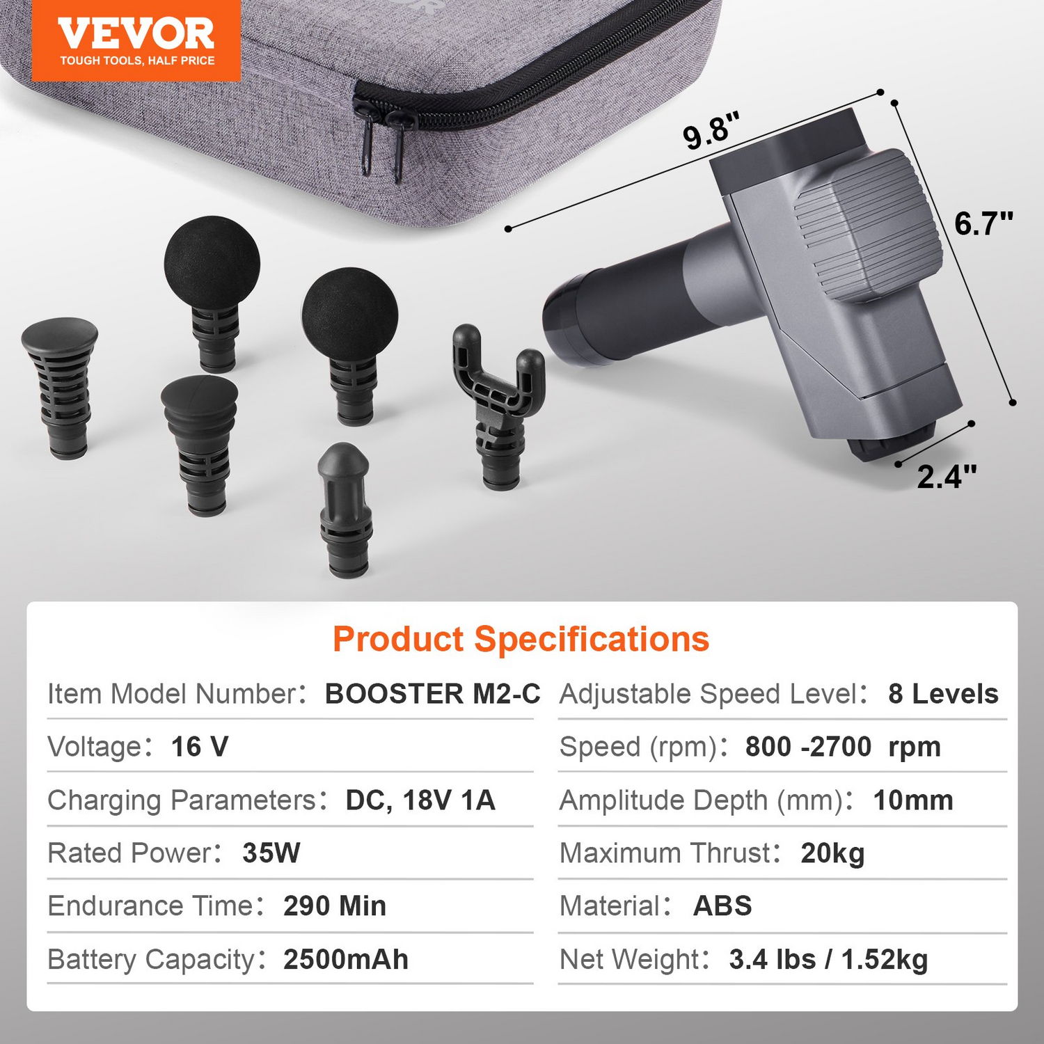 Start2Finish VEVOR massage gun with 8 speed levels and 6 massage heads for deep tissue muscle relief and relaxation.
