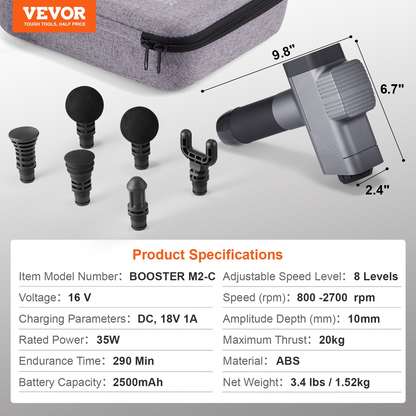 Start2Finish VEVOR massage gun with 8 speed levels and 6 massage heads for deep tissue muscle relief and relaxation.