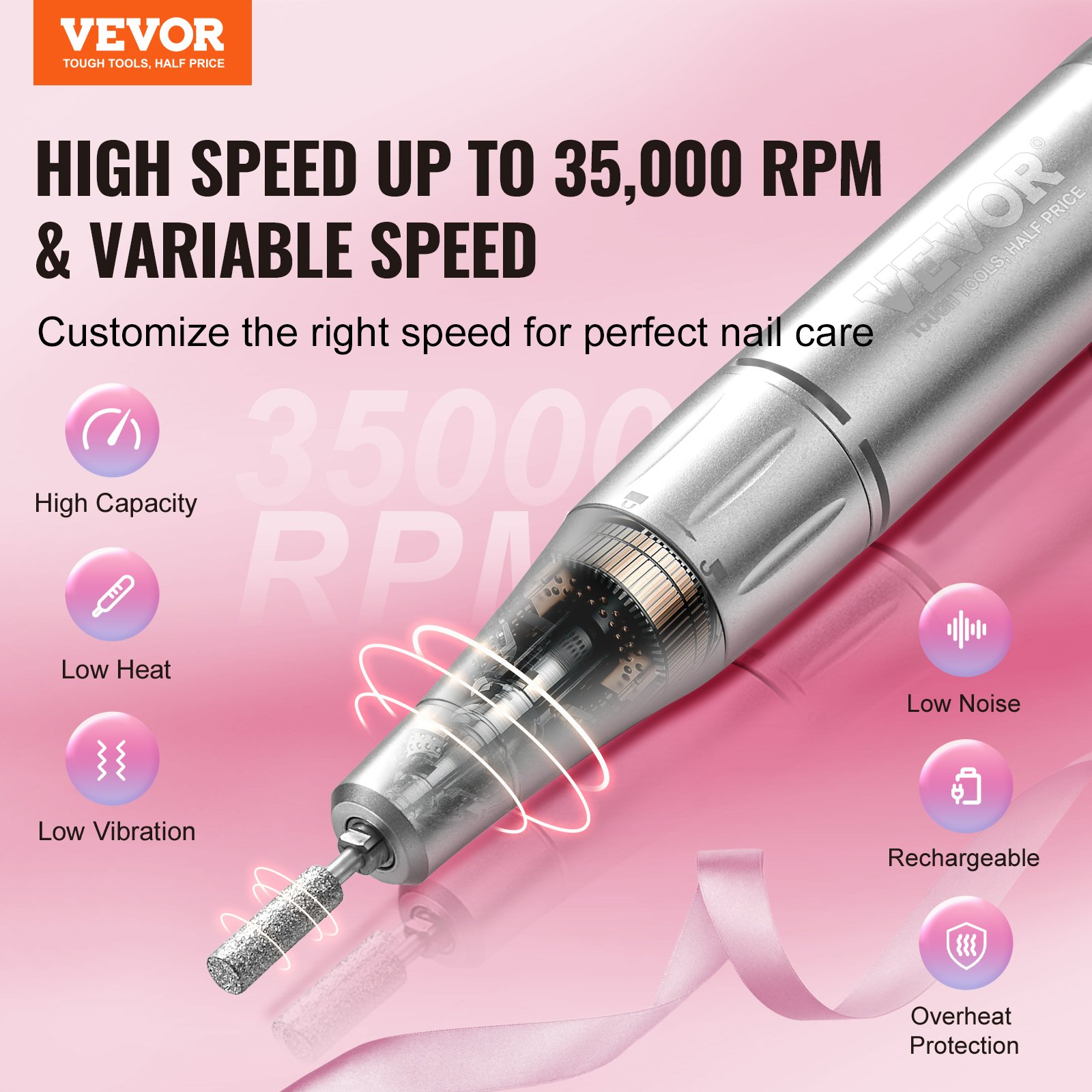 Start2Finish VEVOR rechargeable nail drill with LCD display, 35,000RPM, cordless e-file manicure tool with bits and sanding bands