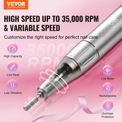 Start2Finish VEVOR rechargeable nail drill with LCD display, 35,000RPM, cordless e-file manicure tool with bits and sanding bands