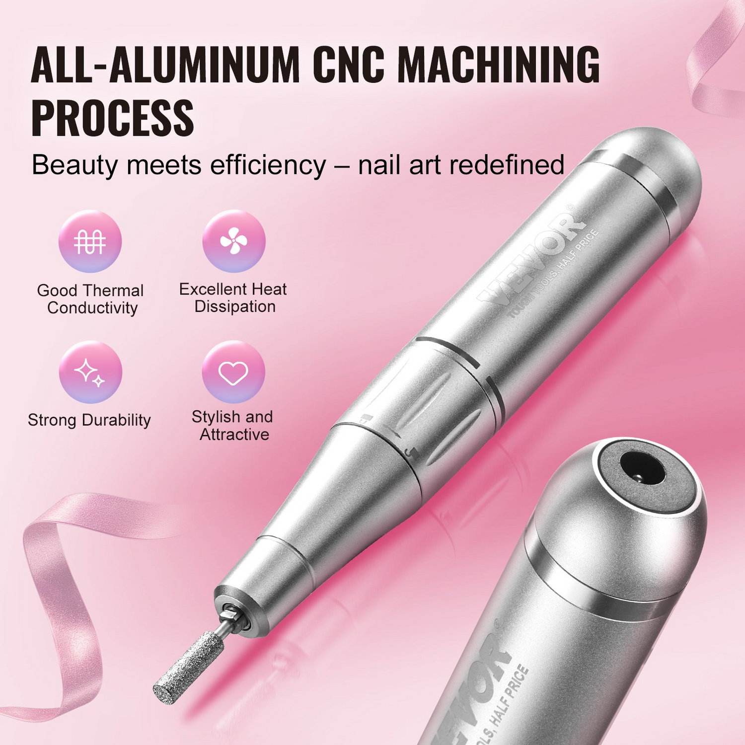 Start2Finish VEVOR rechargeable nail drill with LCD display, cordless design, 35,000RPM, includes 6 bits and sanding bands for manicures.